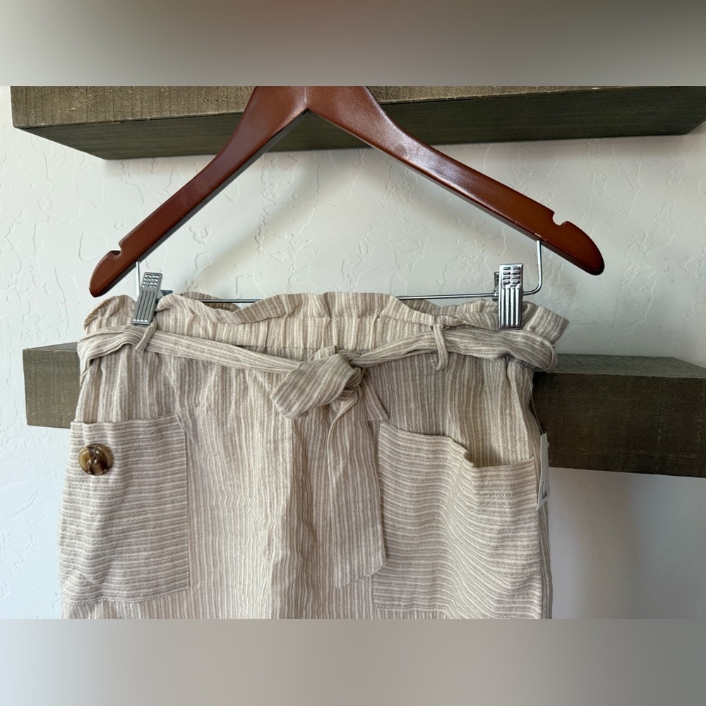 Sadie & Love|Beige Striped Paperbag Waist Skirt,neutral lightweigh,cotton linen - Picture 2 of 11